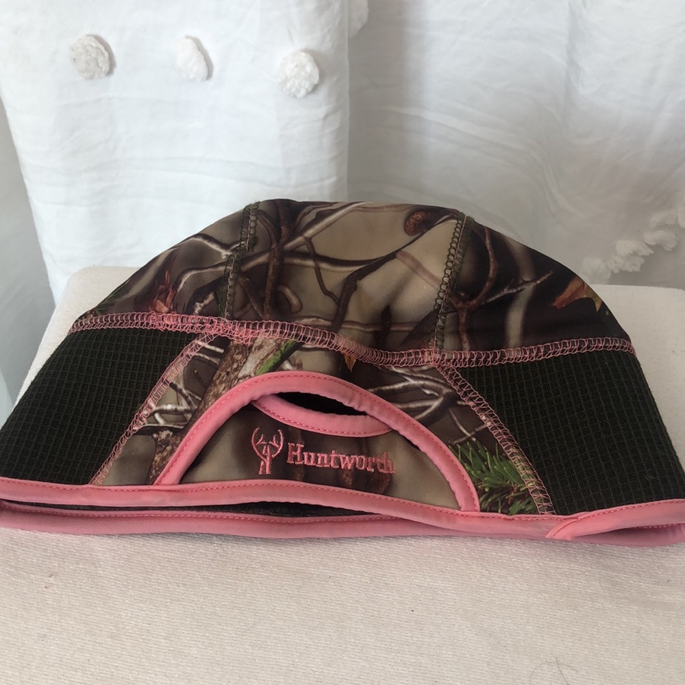 HUNTWORTH pink Camouflage beanie hat for women. Hole for ponytail in back.